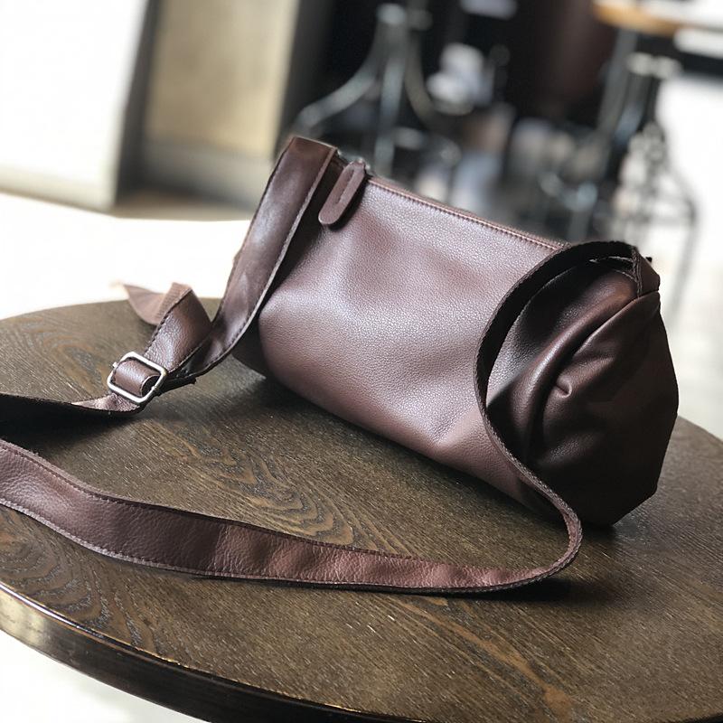 Echte Leder Damen Umhängetasche, Neue Lässige Zylindrische Kleine Tasche, Weiche Leder Retro Umhängetasche, Falten Damen Tasche aus Rindsleder der Obersten Schicht