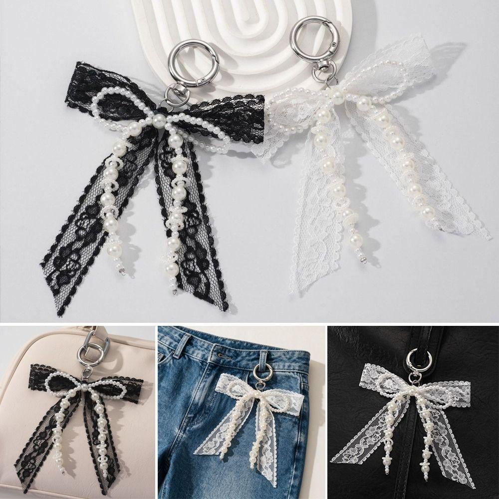 Pearl Beaded Bow Ribbon Keychain Y2K Bag Charm Sweet Lace Bow Keychain  Phone Decoration