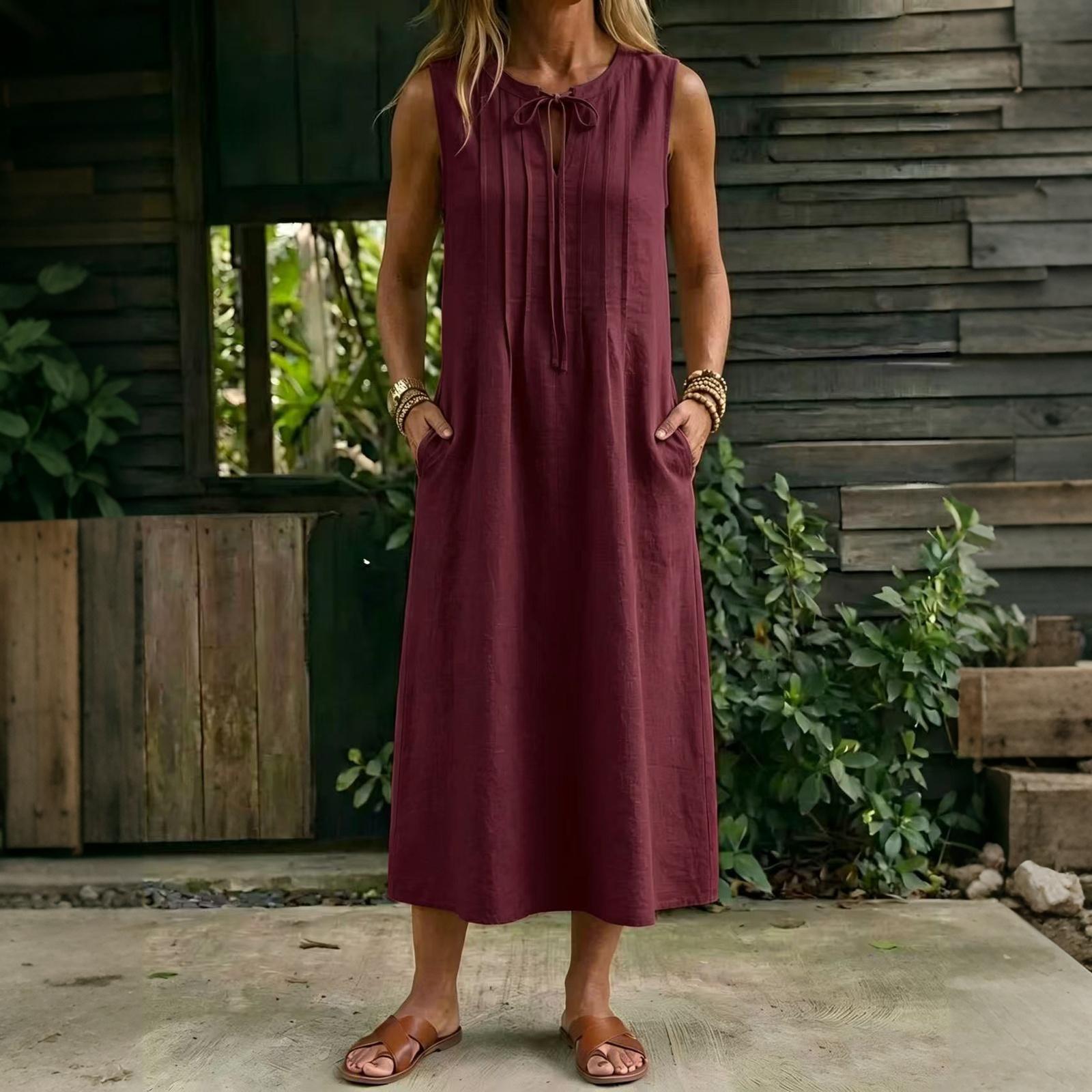 

Women Sleeveless Casual Dress Summer Loose Fit Midi Dress with Round Neck and Tie Detail Side Pockets Lightweight Comfortable S