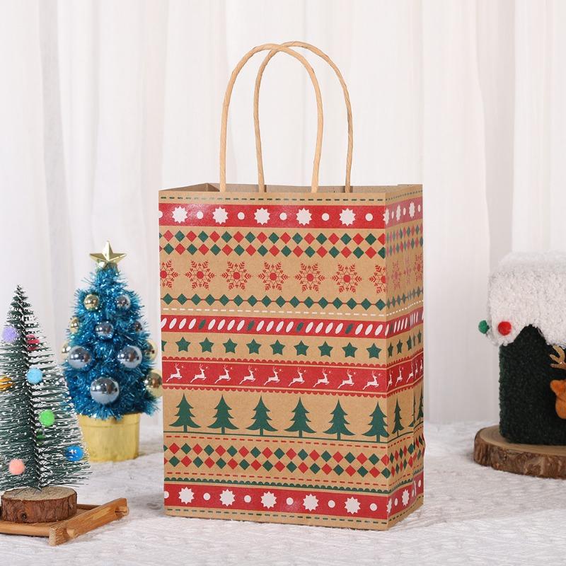 12Pcs 15*8*21cm Christmas Handles Kraft Paper Gift Bags Party Favors Packaging Gift Bag