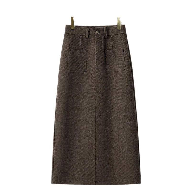 Damen Herbst/Winter 2024 Dunkler Wolliger Midi Bodycon Rock mit Schlitz