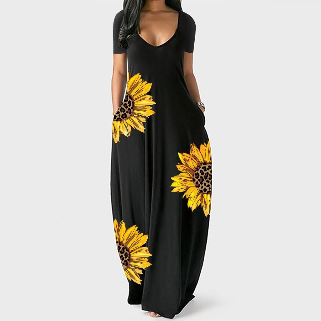 Women's Short-sleeved V-neck Sunflower Print Loose Long Dress
