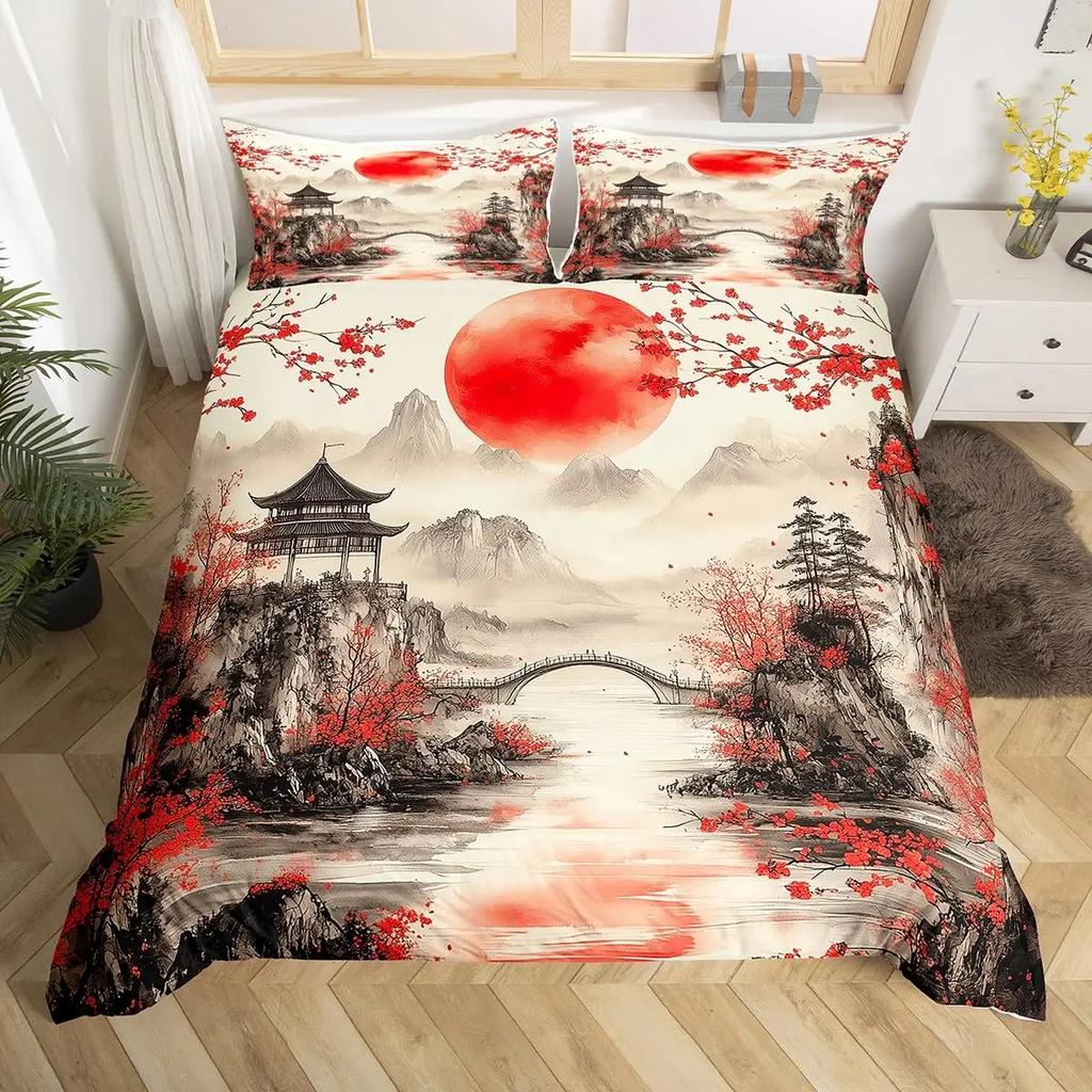 Japanese Landscape Duvet Cover Set for Teens Adults Queen Quilt Covers Lightweight Down 2 Pillowcases 1 Duvet Cover No Comforter