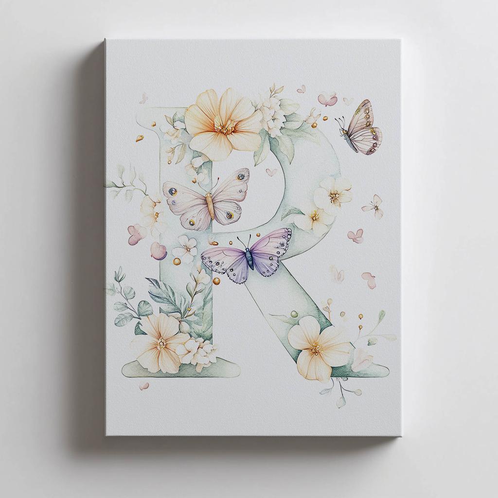 Plakat Literka "R" W Kwiatach I Motylach Plakat Literka "R" W Kwiatach I Motylach, 30X40 Cm, Bez Ramy, Płótno Premium Na Blejtramie