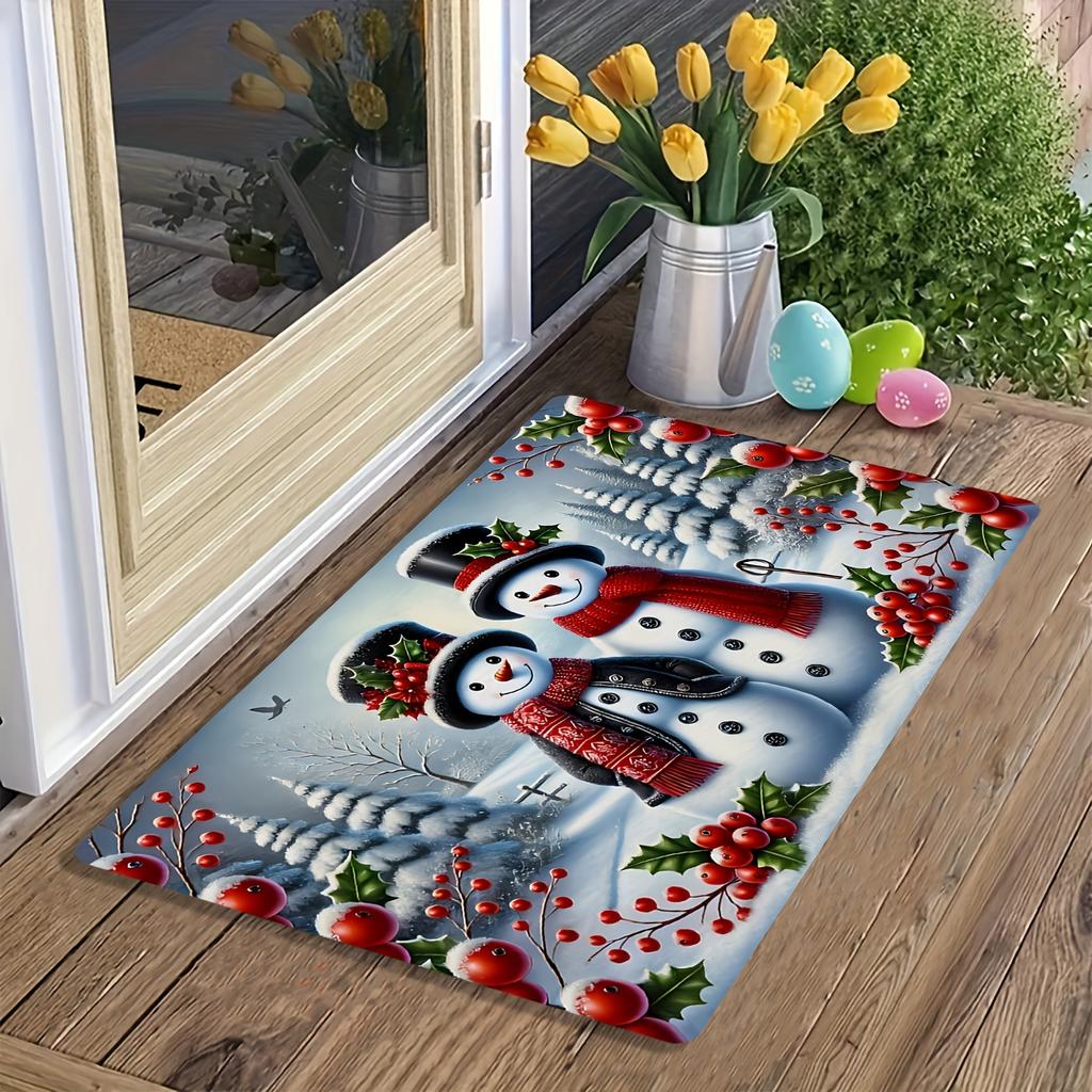 Premium Flannel 1pc, Christmas Theme Carpet, Snowman Pattern Welcome Mat for The Door, Non-Slip And Washable Carpet, Living Room