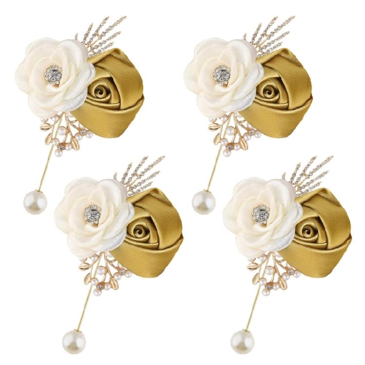 4PCS Camellia Rose Wedding Corsage Boutonniere Flower Brooch Pin For Bridal Shower Dinner Parties Formal Event Wear