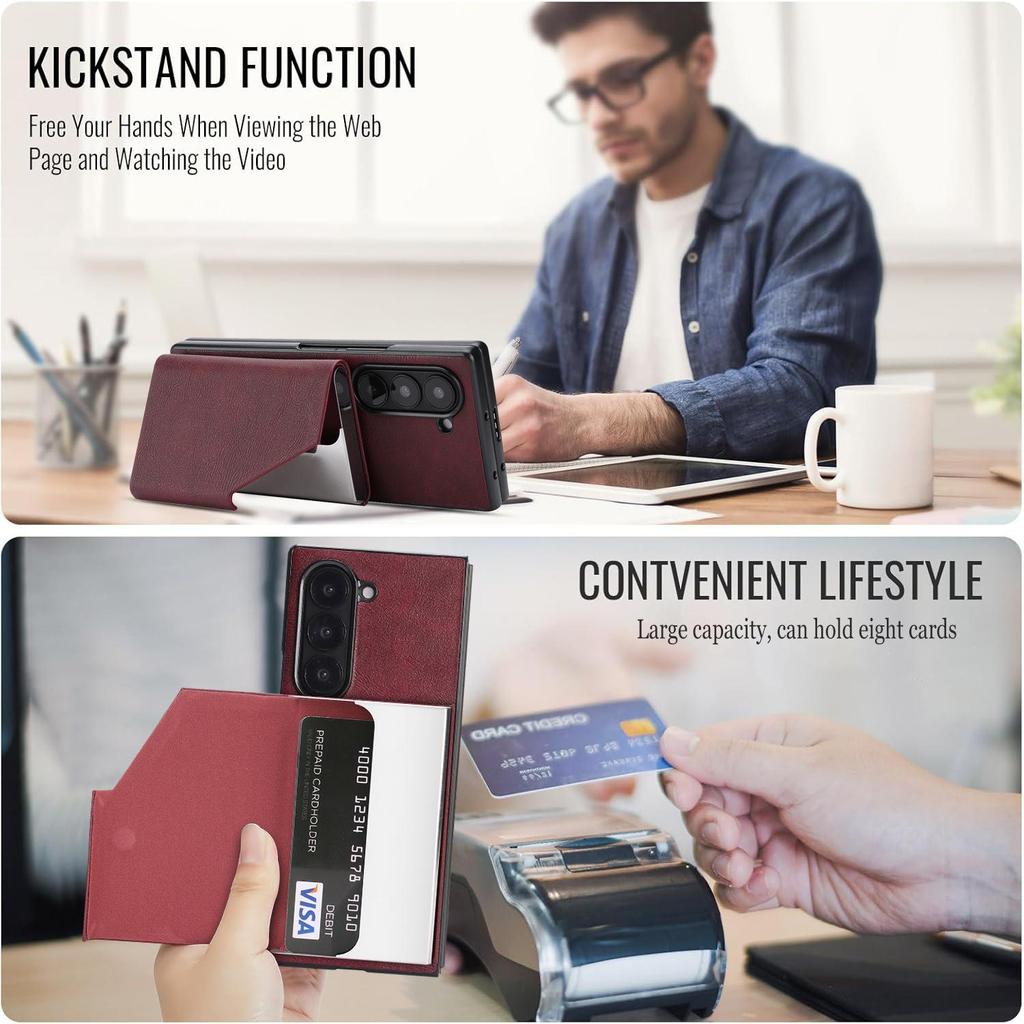 D6 Alloy Card Holder with Retro Frosted Faux Leather Case, Compatible with Samsung Galaxy Z Fold7, Magnetic Two-in-One Design