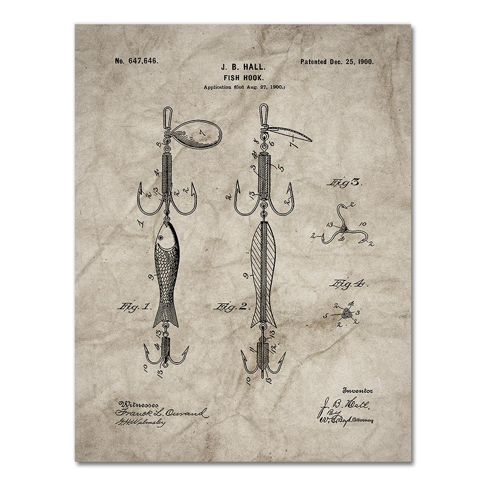 Vintage Fishing Patent Canvas Poster Fishing Tackle Equipment Painting Prints Angling Design Picture Retro Wall Art Decoration