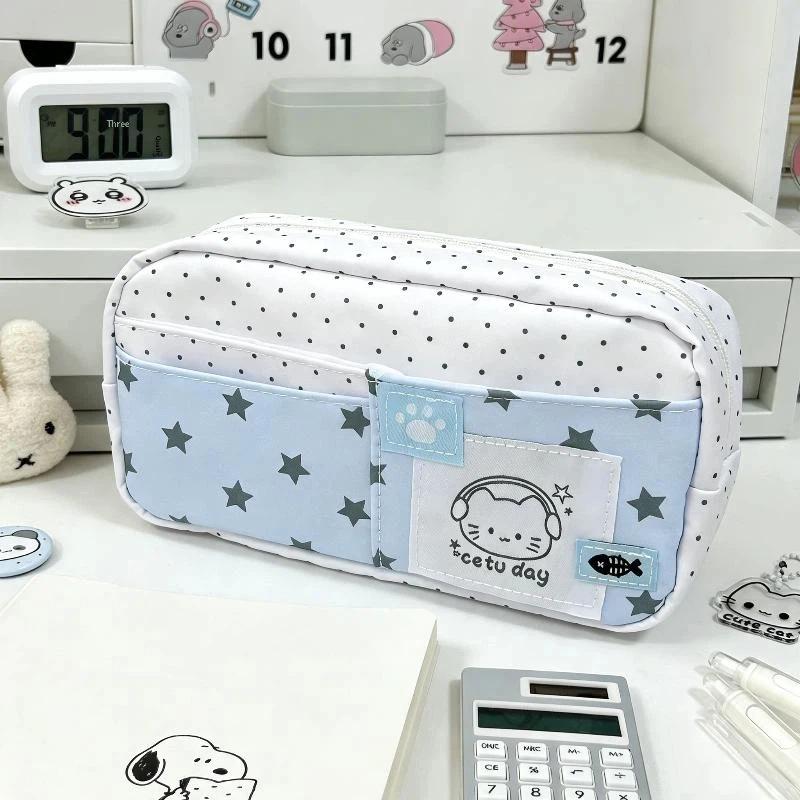 Portable Large Capacity Pencil Case Blue Polka Dot Cute Cat Print Stationery Organizer for Students Travel Use
