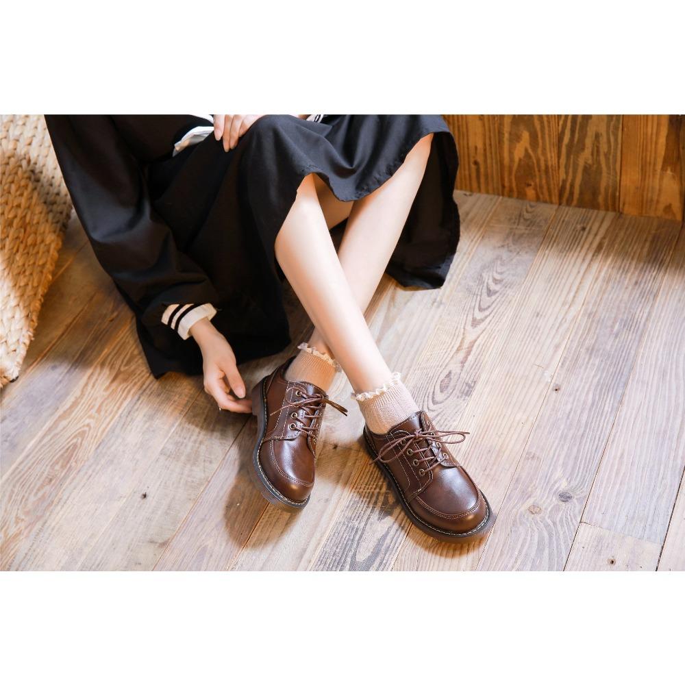 Oksfordki Damskie Buty Damskie Skórzane Damskie Okrągły Nosek Szyte Retro Wygodne Obuwie But Lolita Brązowy