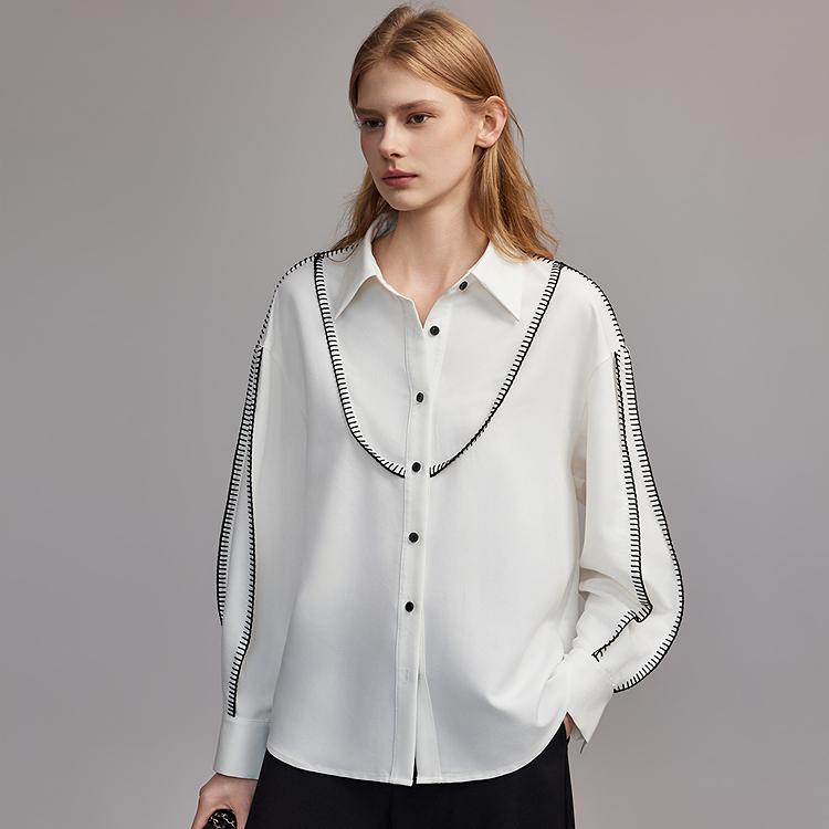 ELLE Minimalist Long Sleeve Shirt With Sharp Collar And Drop Shoulder Design Women tops White EC47006