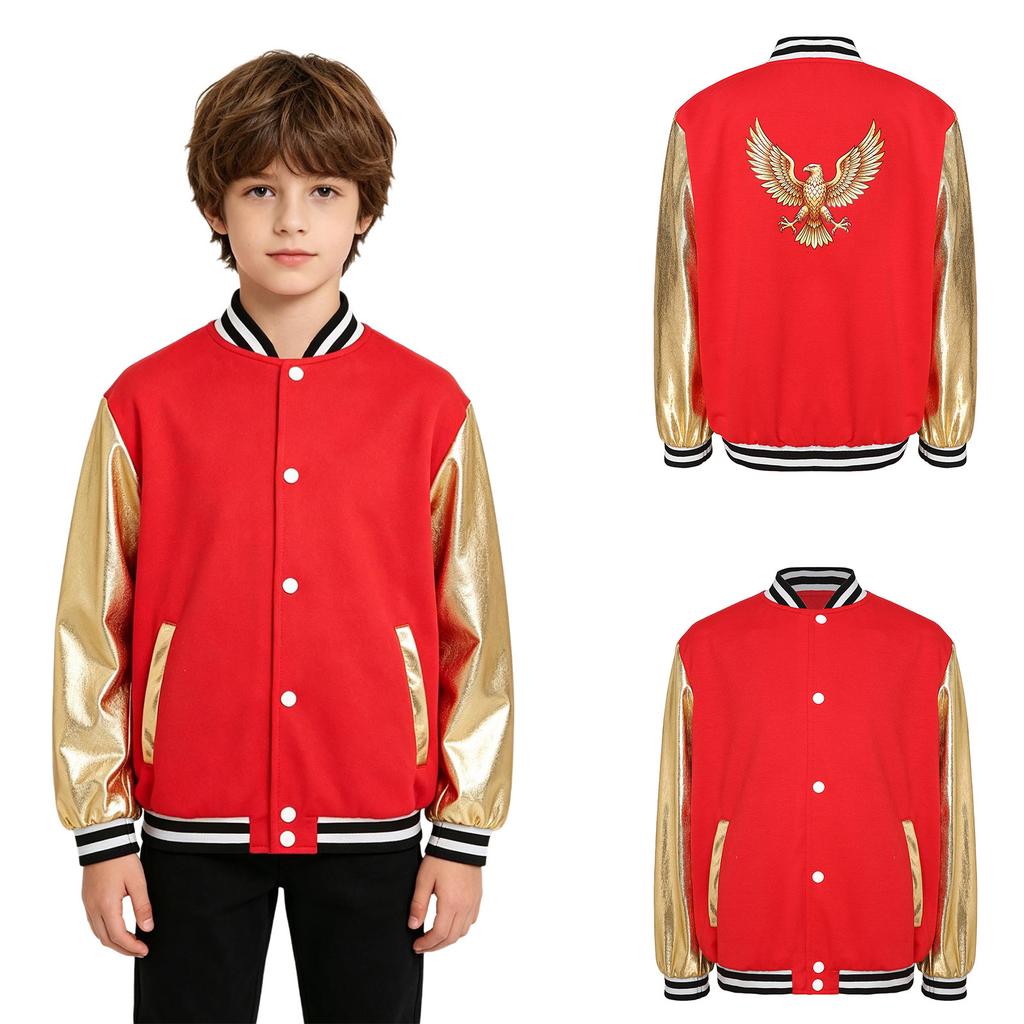 Unisex Metallic Eagle Print Back Bomber Jacket Long Sleeve Color Blocking Outerwear for Kids Dance Street Style