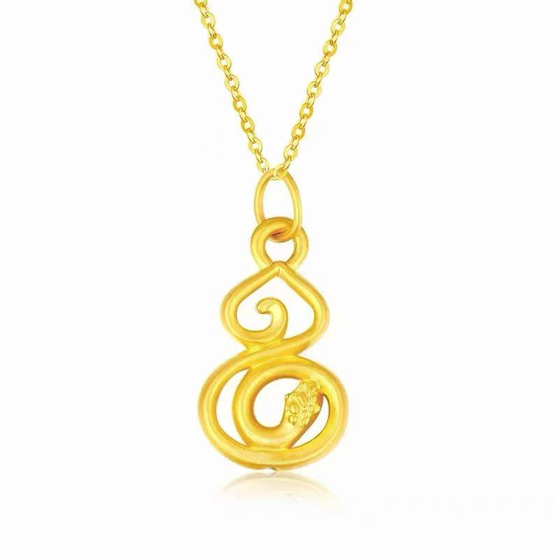 999 Pure Gold Calabash Pendant Fu Lu Necklace - Hard Gold Clavicle Chain Gift Pure Gold Pendant + Black Cord