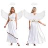 Women Halloween Angel Costume Sleeveless Chiffon Vintage Trim Tunic Dress Feather Angel Wings Headwear Set