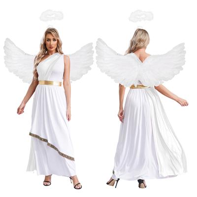 Damen Halloween Engel Kostüm Ärmellos Chiffon Vintage Besatz Tunika Kleid Feder Engelsflügel Kopfschmuck Set