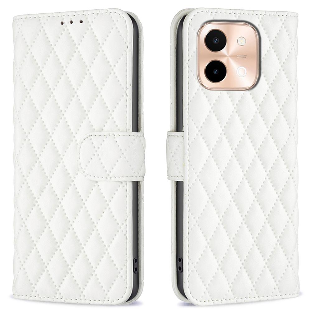 

For vivo Y28 4G Case Wallet Leather Phone Cover Rhombus Imprint White