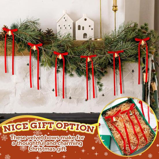 12 Pcs Velvet Bows with Jingle Bell Vintage Christmas Ribbon Bows for Garland Wreath Christmas