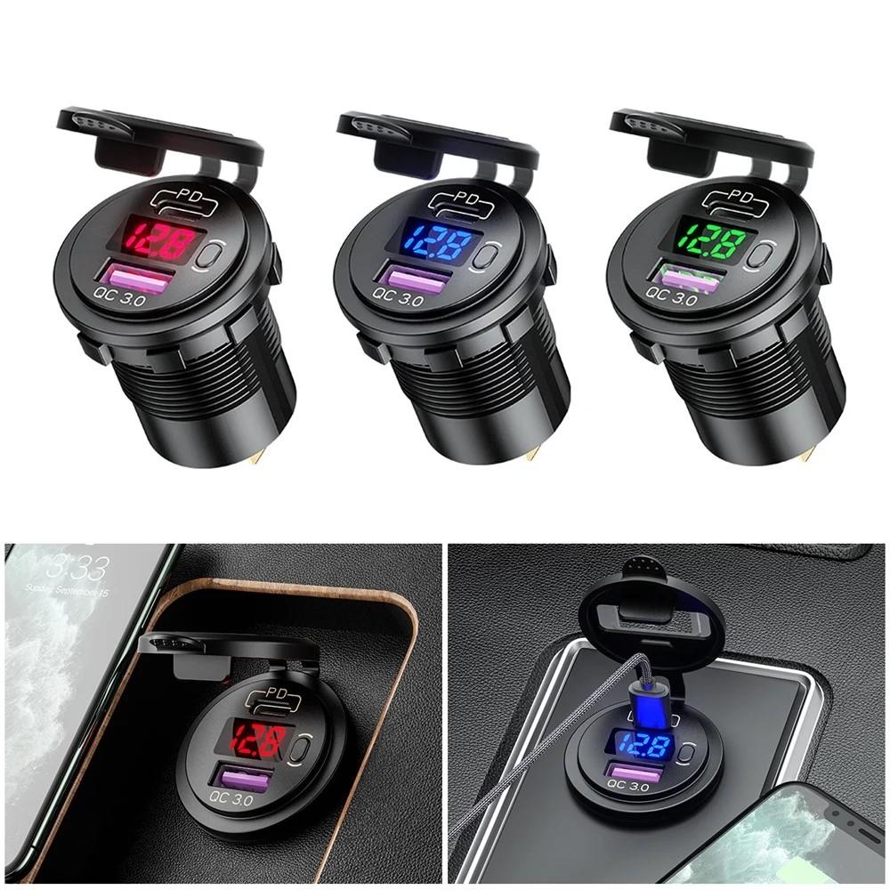 USB C Car Charger Socket 12V/24V Dual USB Socket PD3.0 and QC3.0 Car USB Port With LED Voltmeter and On/Off Switch