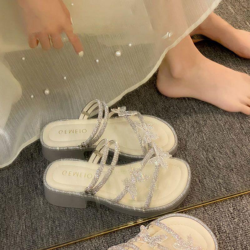 Beautiful Two Wear Sandals 2025 Summer New Wear Internet Celebrity Butterfly Rhinestone Drag Fairy Wind Beach Slippers Woman