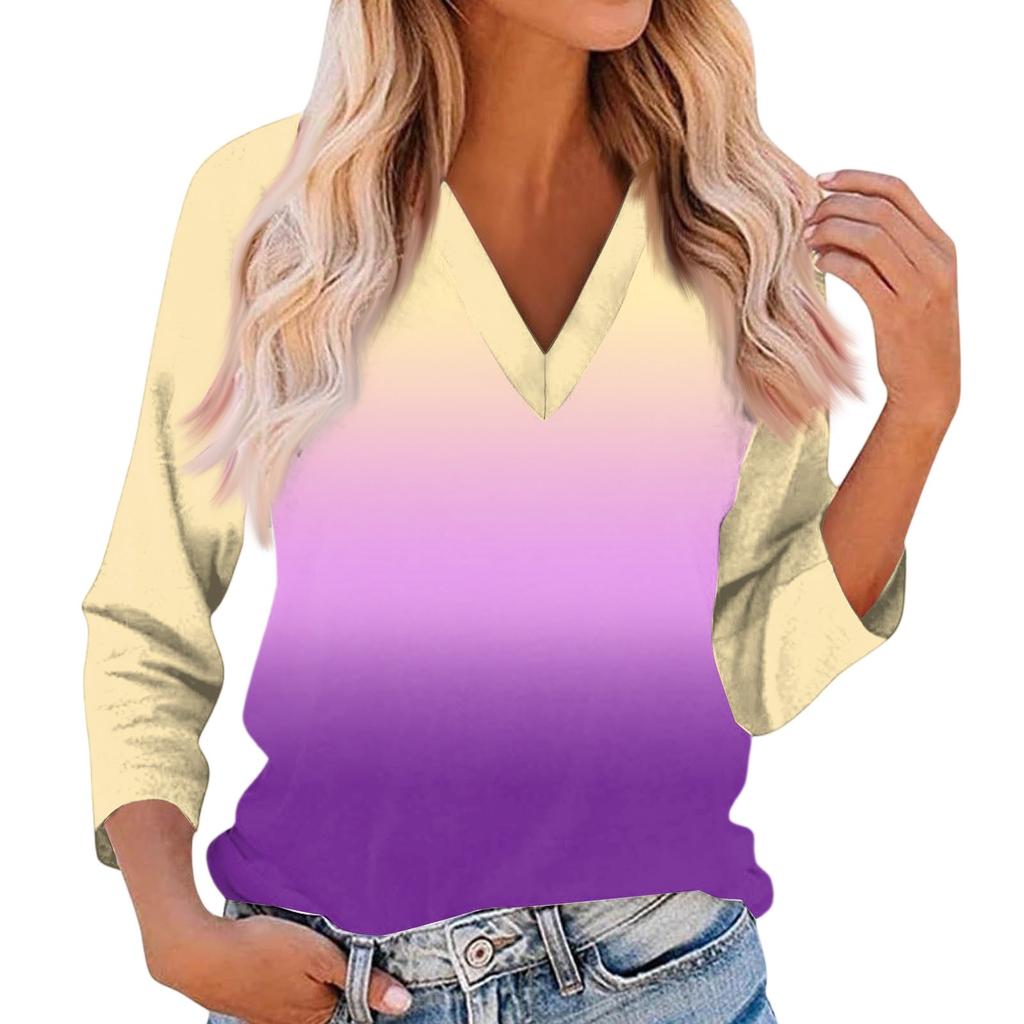 Women's Casual And Fashionable Patchwork V-Neck Top With Seven Quarter Sleeves Top