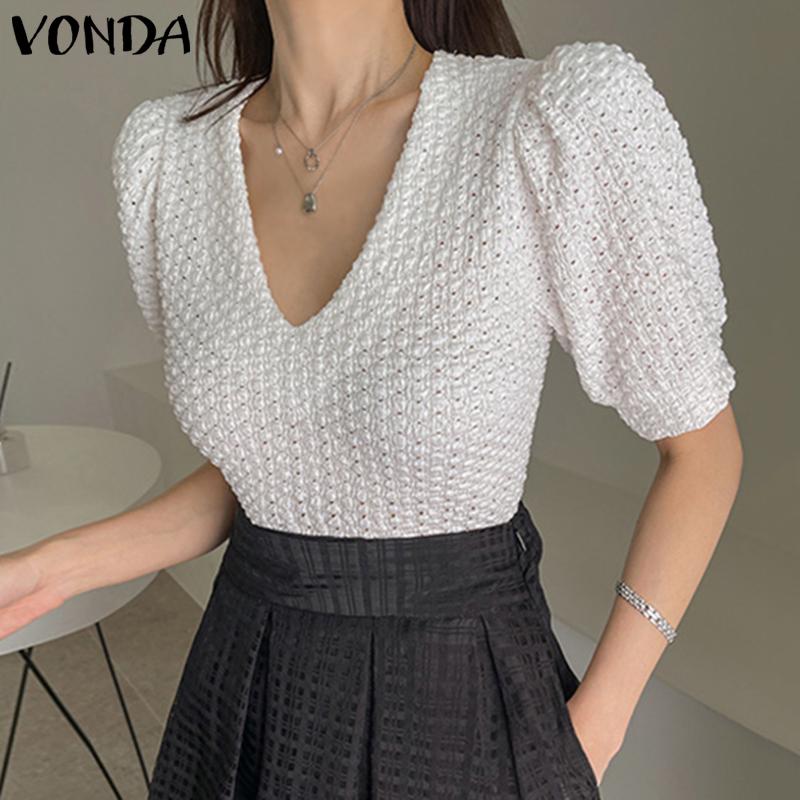 

VONDA Летние тонкие женские однотонные топы с пышными рукавами и V-образным вырезом