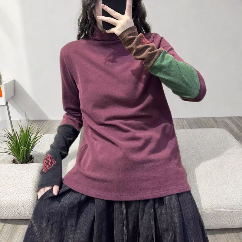 

Немецкий бархат Зима Новый Ретро Нишевый Половина Высокого Воротника Пэчворк Контрастная Вышивка Базовая Рубашка Все Сочетания Топ XXXL фиолетовый