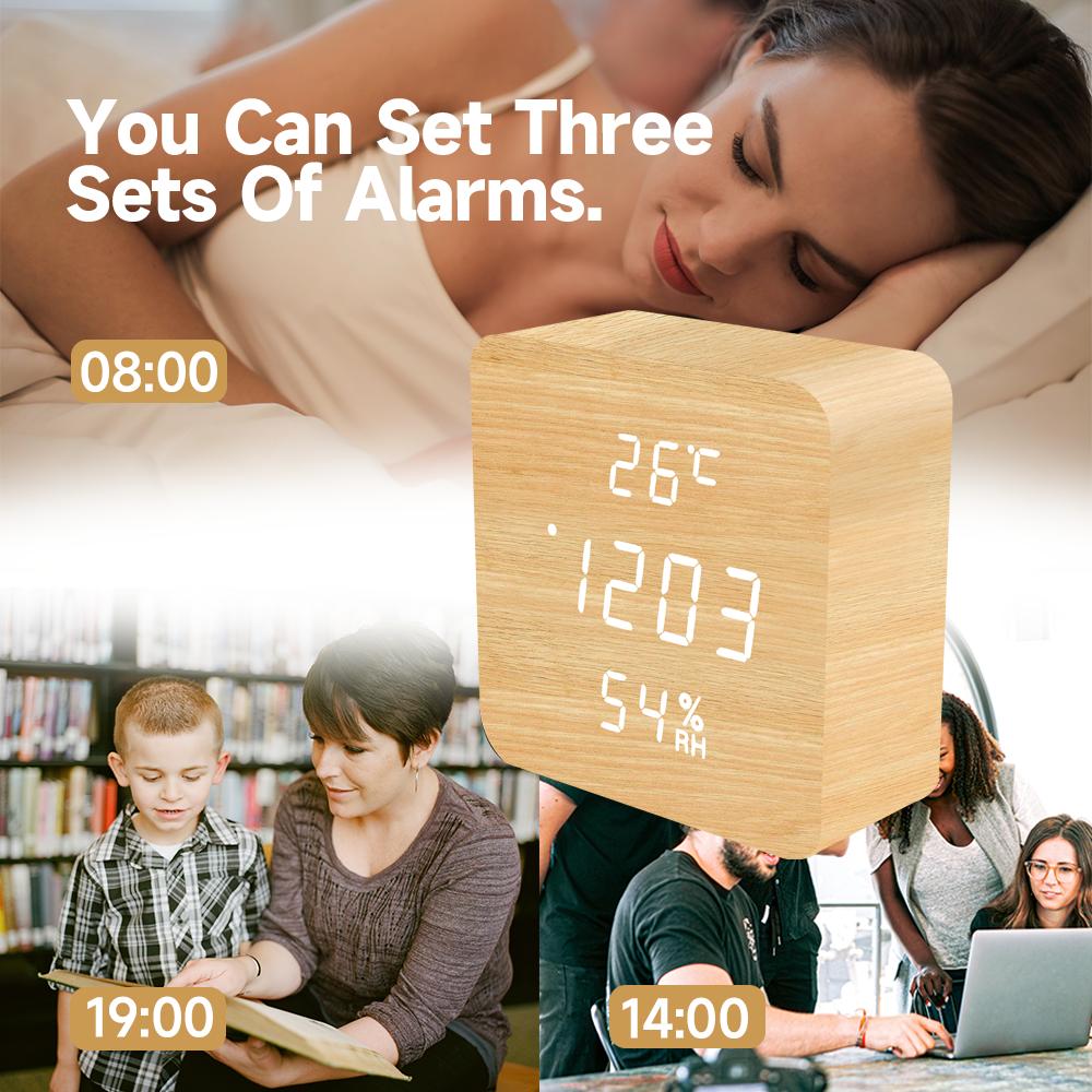 Kleine Holzuhren mit Sprachsteuerung für Schreibtisch, Tisch, Zimmer, Heimdekoration, digitaler, batteriebetriebener Vintage-LED-Wecker aus weißem Holz