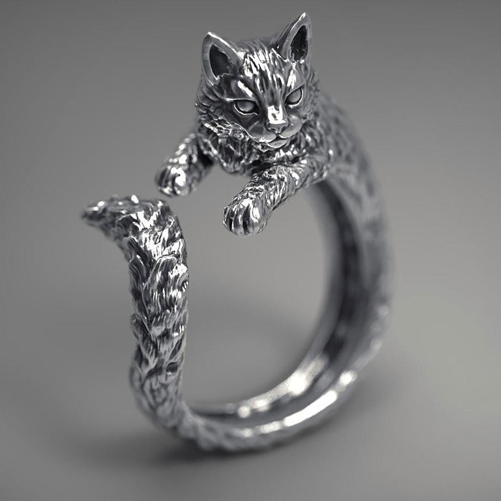 Vintage Thai Cat Ring Pet Live Mouth Ring Adjustable Ring Female