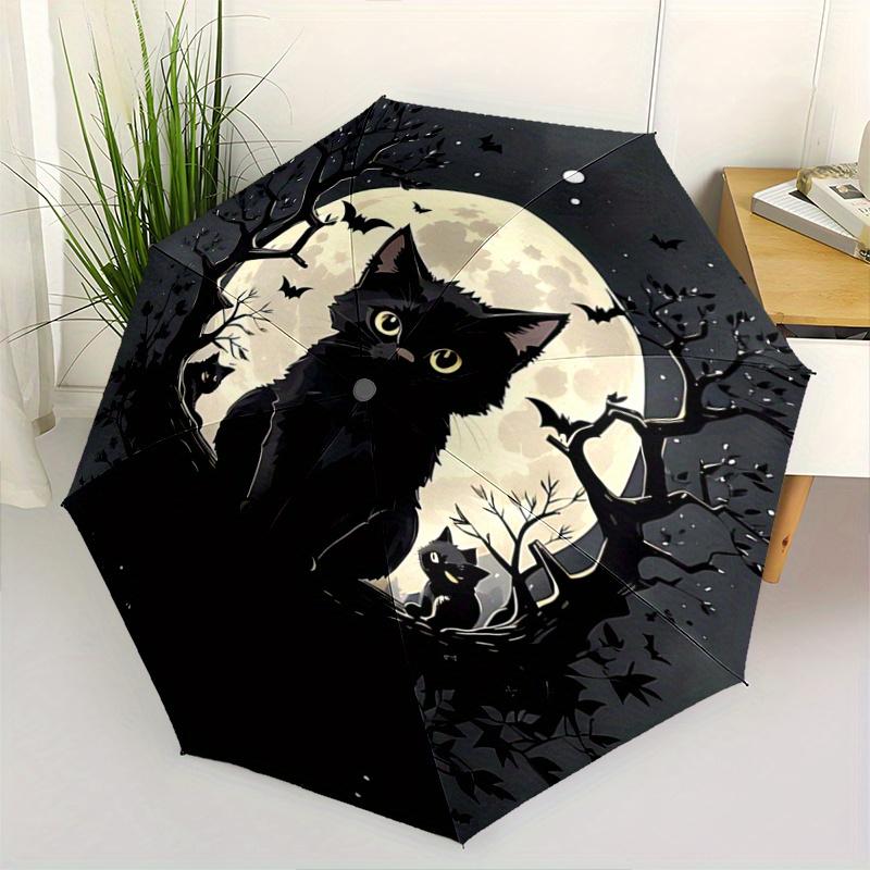 

1pc Moon and Black Cat Creative Design Fully Automatic Folding Portable Umbrella, 8 Iron Frames, Three-Fold Design, Suitable for All Seasons, Sui