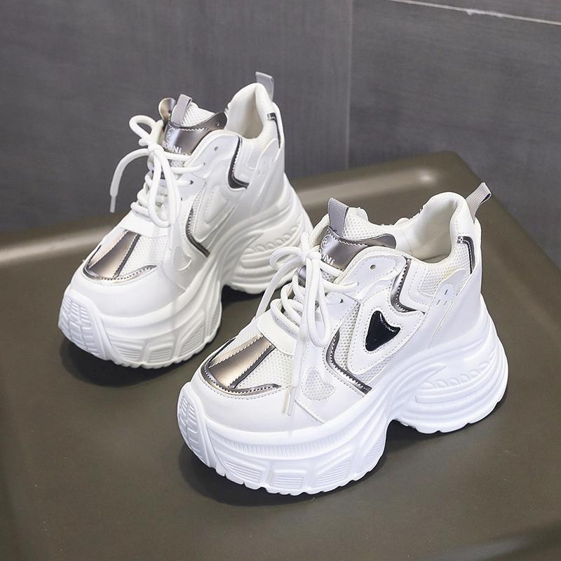 Fashion 10CM Women Casual Leather Mesh Shoes New Autumn Breathable Chunky Sneakers Street Height Increased Shoes Thick Platform Sneakers