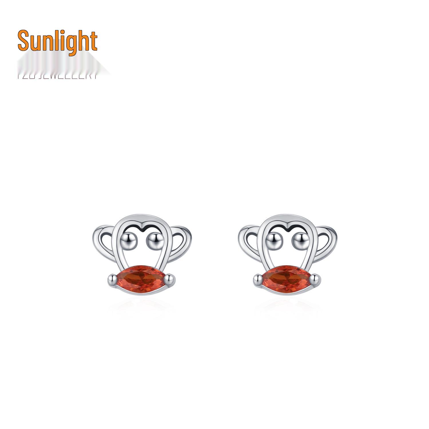S925 Sterling Silver Cartoon Monkey Stud Earrings with Zirconia Inlay - Creative and Simple Design for Women 925 Sterling Silver