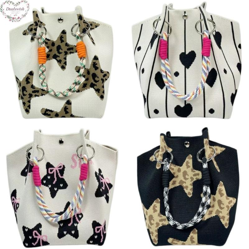 New Leopard Star Knitted Tote Bag for Women Large Capacity Bucket Bag Versatile Handbag for Commute Work and Daily Use