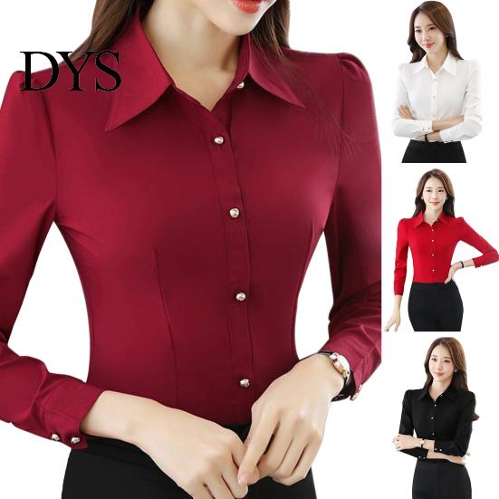 Office Shirt Commute Women Slim Fit Single-breasted Dignified Enhance Beauty Image Top Polyester Solid Color Long Sleeve Formal for Workplace