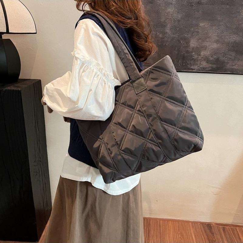 Tote bag new simple nylon large-capacity bag rhombus embroidery thread handbag casual shoulder bag