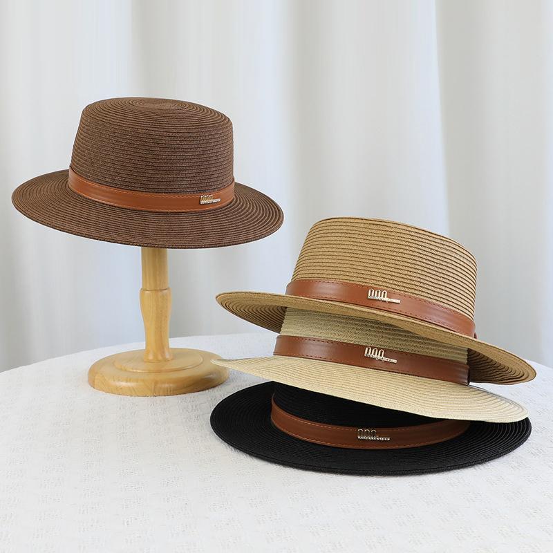 Summer Seaside Beach Travel Sunscreen Hat Women's Straw Weaving Large Brim Sunshade Hat Flat Top Straw Hat