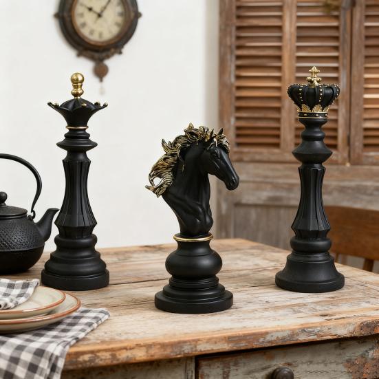 Chess Piece Statue Collectible Black White Horse Sculpture King Queen Knight Chess Piece Figurine for Home Office Desk Shelf Decoration