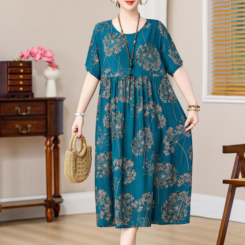 Plus Size Vintage Print Long Dress for Women Oversize Short Sleeve Elegant Loose Dresses Summer Casual Middle-aged Women's Clothing