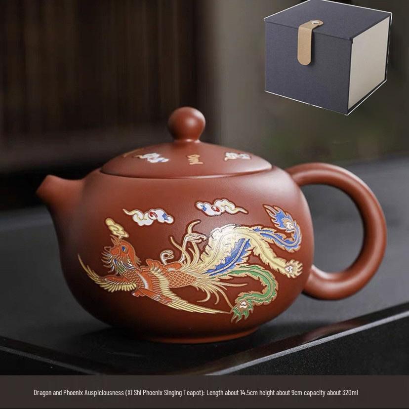 Color-Changing Chameleon Dragon & Phoenix Zisha Teapot Set - Xishi Design Gift Box