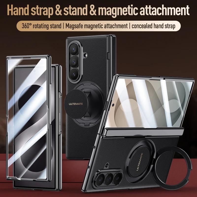Luxus PU-Lederhülle für Samsung Galaxy Z Fold8 Fold 8 Ultra Drehbarer Magnetischer Ständer Handschlaufe Metall-Linsen-Glas-Bildschirmabdeckung