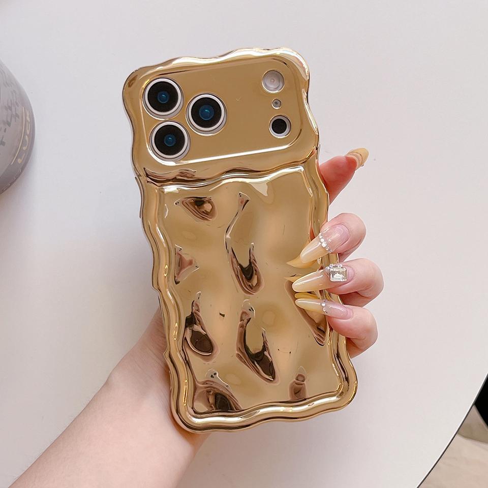 Luxury Electroplated Orange Stone Pattern Phone Case for iPhone 13 14 15 16 17 Pro Max Wave Edges Shockproof Soft Back Cover