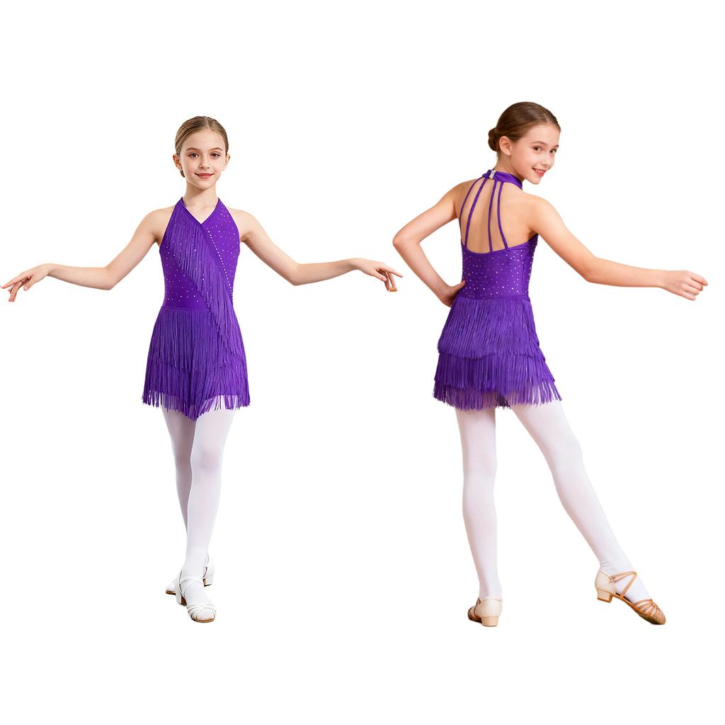 Kids Girls Latin Leotard Dress Dance Costume Rhinestones Fringe Bodysuit Skirted Dress Halter V-neck Sleeveless Tassel Jumpsuit