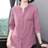 Summer Cotton Linen Fashion Casual Vintage Plaid 3/4 Sleeve Oversized Comfortable Simple Shirt Blouse Female Loose Top