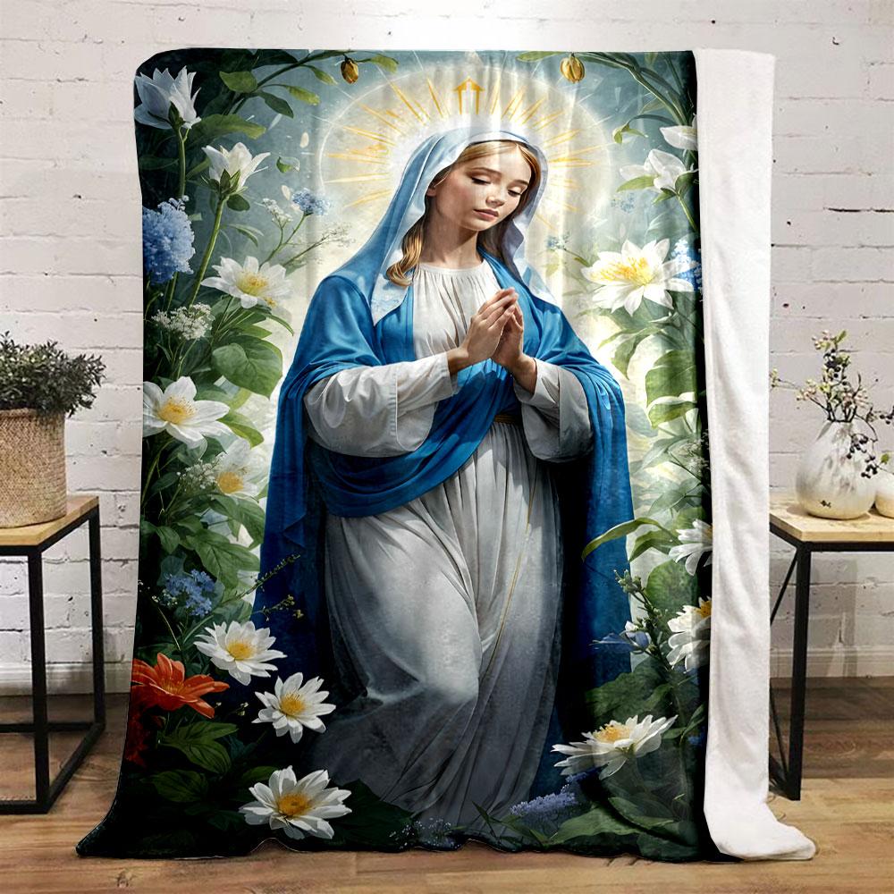 Virgin Mary Praying Floral Blanket Printed Blanket for Living Room Bed Couch Lunch Break Soft Cozy Blanket for Friend's Festival Gift