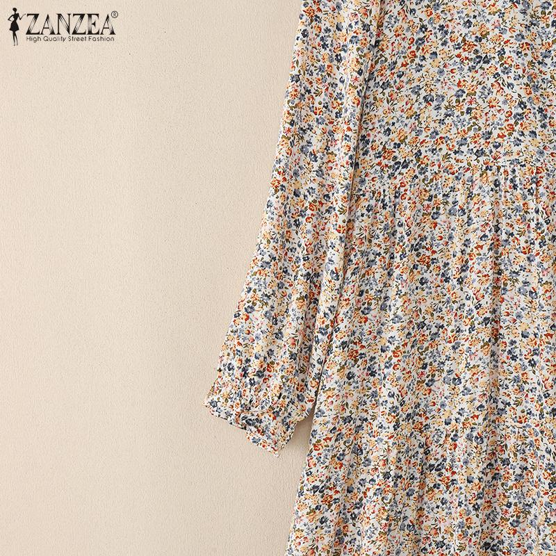 ZANZEA Damen Lässig Rundhals Locker Langarm Blumenmuster Kleid