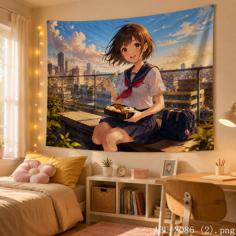 Anime School Girl Tapestry Japanese Sailor Uniform City Balcony Sunset Print Wall Hanging For Teen Bedroom Dorm Decor