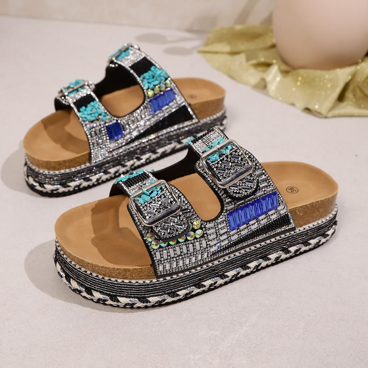 

2025 new foreign trade thick-soled hemp rope double-buckle rhinestone cork beach slippers large size women s shoes European and American style 43 чёрный