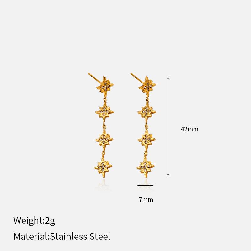 Long tassel stud earrings for women's European and American non-fading earrings, light luxury and high-end micro-inlaid zircon octagram earrings.