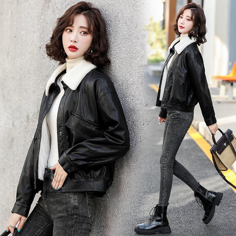 Genuine Leather Jacket Women's Short Autumn and Winter New Korean Style Velvet Sheepskin Cotton Jacket Casual Jacket