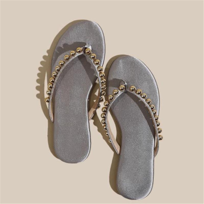 Spring and Summer Footwear Plus Size Retro Solid Color Sandals Flat Toe Rhinestone Women's Shoes Sandals Slippers.