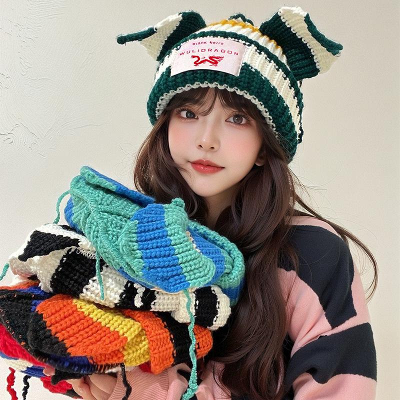 Korean Version of the New Knitted Hat Contrasting Colors Cute Pig Ears Thickened Wool Hat Women's Cold and Warm Cold Hat